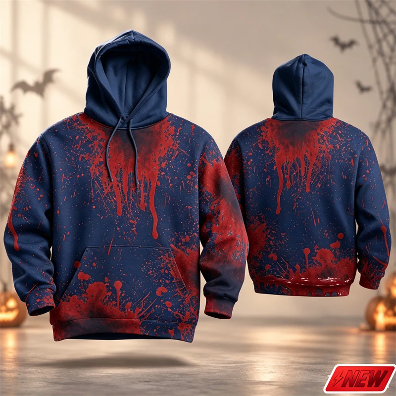 Men Halloween Hoodie 3D Print Blood Splatter Pattern Long Sleeve Hooded Unisex Horror Party Autumn Street Casual Sweatshirt