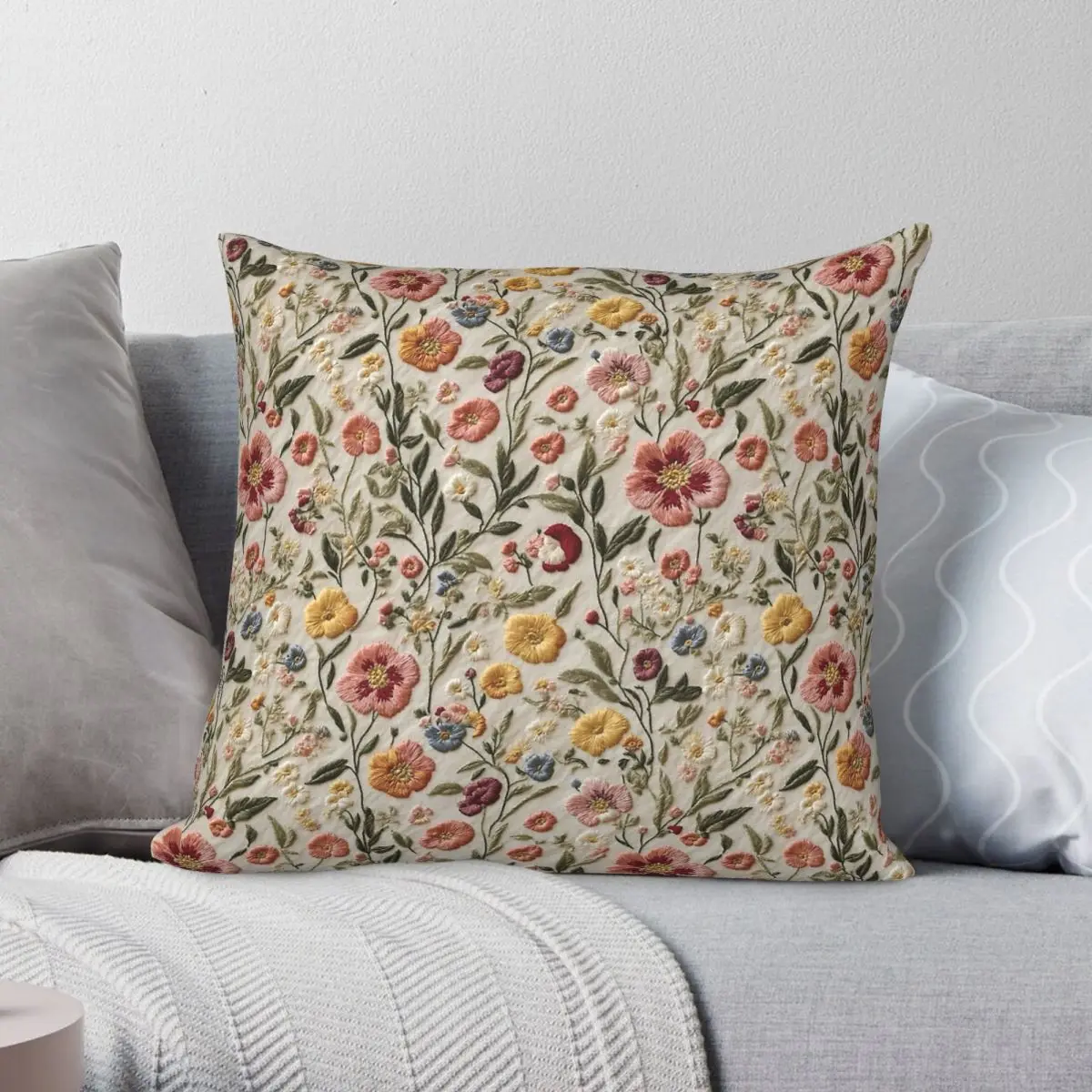 Meadow Flowers Faux Embroidery Pillowcase Polyester Linen Velvet Creative Zip Decorative Pillow Case Car Cushion Cover