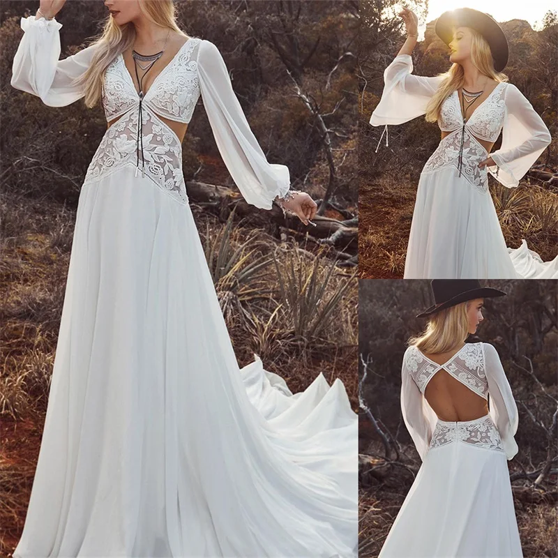 

Beach Wedding Dress A Line Appliqued Lace Full Sleeves Sexy V Neck Back Hollow Bridal Gown Custom Made Chiffon Robes De Mariée