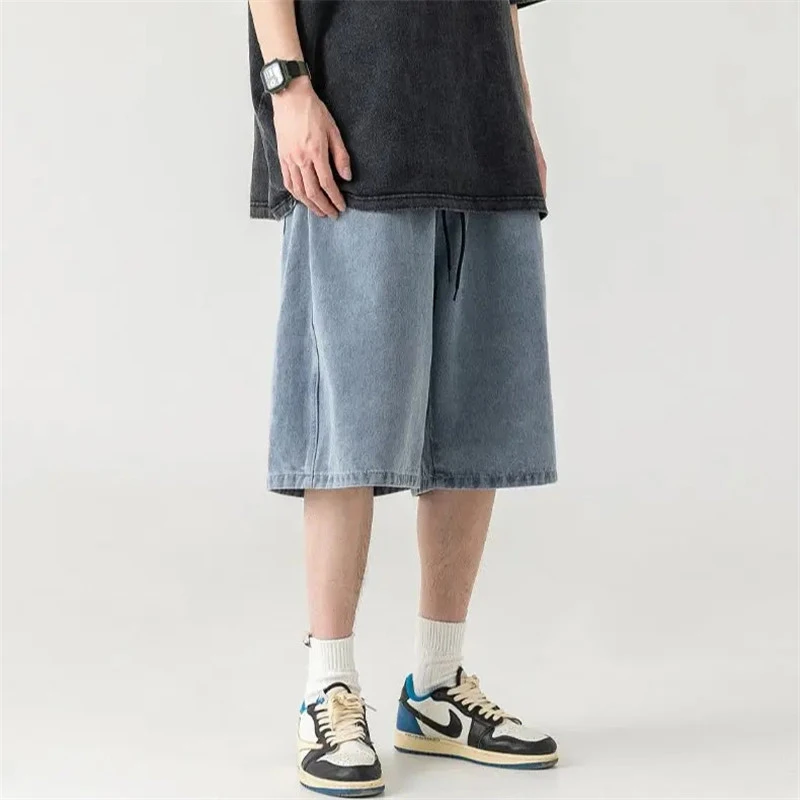 

Spring Summer Fashion Solid Casual Male Elasticity Waist Versatile Cool High Street Washed Jeans Loose Causal Shorts