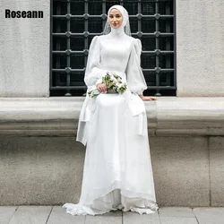Customized Muslim High Collar A-line Wedding Dress Vertically Draped Pleat Floor Length Brush Train Bride Dresses robe de mariée