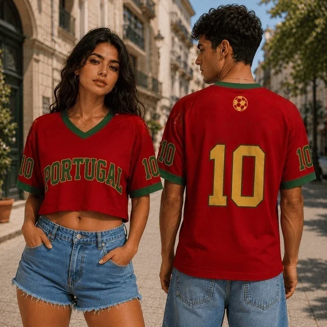 Portugal Color Matching Short Waist Revealing Jersey Style Support Short T-shirt, Fans Grasp The American Spicy Girl Style