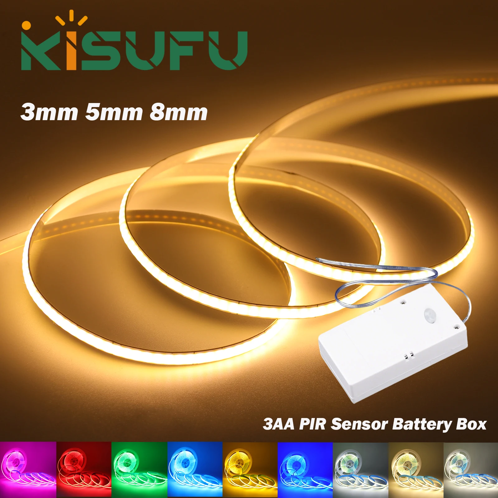 5V COB LED Strip With 3AA Motion Sensor Battery Box 3MM 5MM 8MM 320LED/M Flexible Adhesive Tape Cabinet TV Room Night Light 1-5M