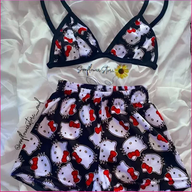 

Hellokitty Women Pajamas Set Casual Sleepwear Sanrio Split Strap Adjustable Sexy Plush Underwear Lounge Home Wear Christmas Gift