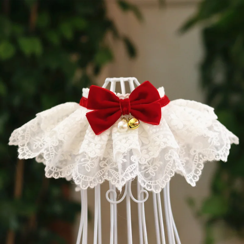Pet Lace Bib Saliva Towel Flocking Bowknot Neck Collar Adjustable Decor Necklace Kitten Small Puppy Photo Dress Up Supplies