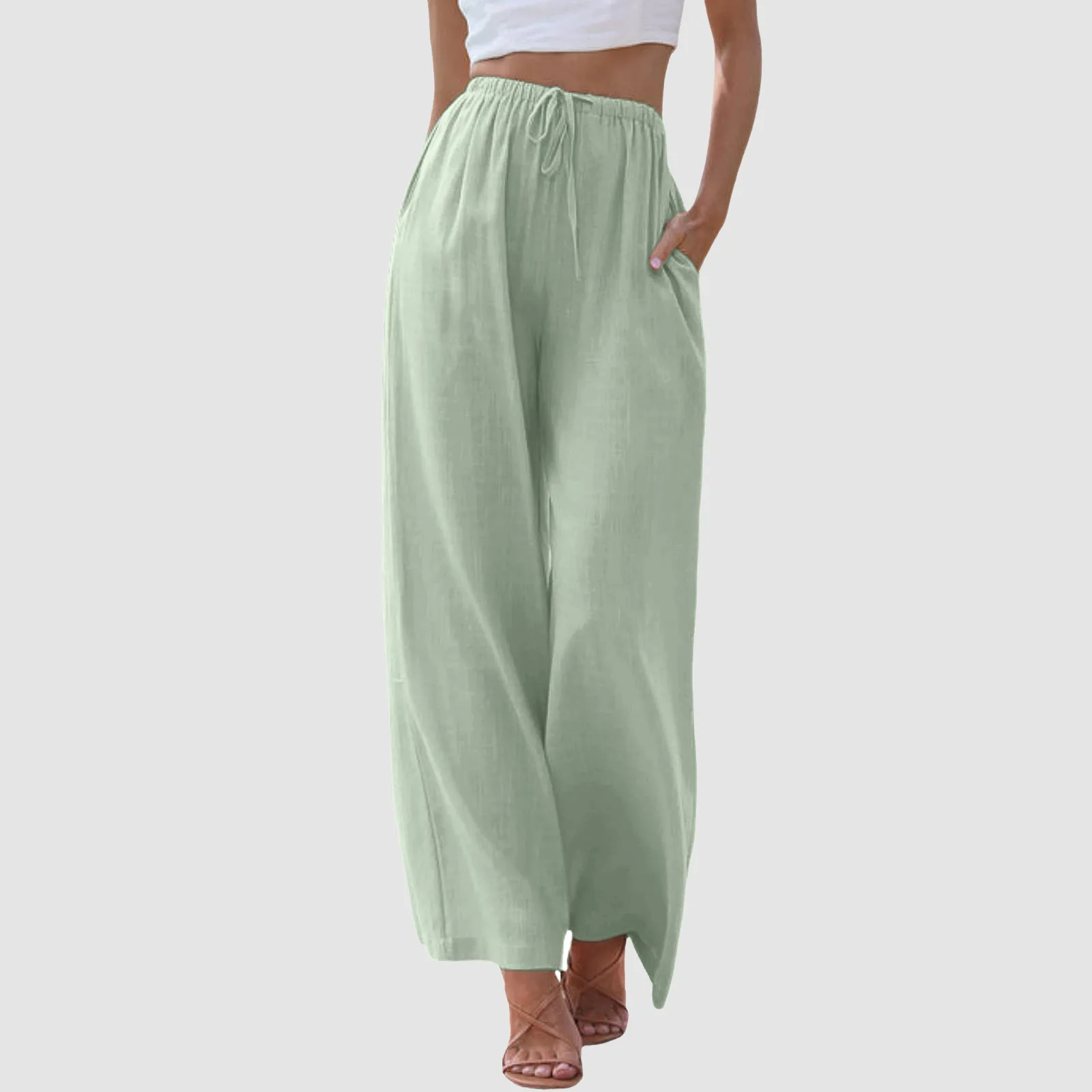 Pantalones largos de gasa para mujer, pantalón fino de cintura alta y pierna ancha, elásticos con cordón, cómodos, de chándal