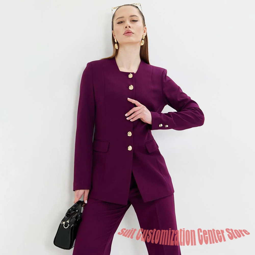 

Элегантный фиолетовый однобортный женский пиджак с круглым вырезом, куртка + брюки, комплект из 2 предметов, повседневная офисная повседневная рабочая одежда