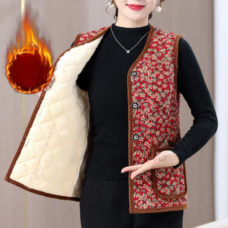 Vrouwen van middelbare leeftijd Winter Prairie Chic Plus Fleece Dikker Afdrukken V-hals Mouwloos Comfortabel Thermisch Casual Onderlaags Vest