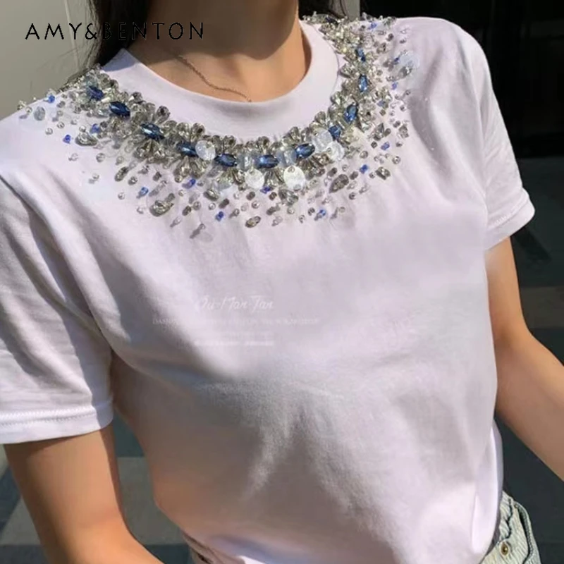 

2024 New Summer Short Sleeves Beads Rhinestones Beaded Top Heavy Industry Princess Style O-neck Black T-shirts For Women's Tees