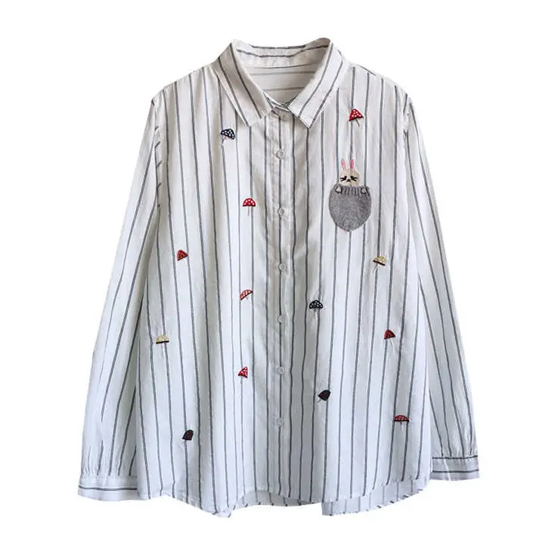 

Wool Pocket Embroidery Retro Age-reducing Vertical Stripes Loose Casual Korean Version Long-sleeved Mushroom Shirt Women's Top