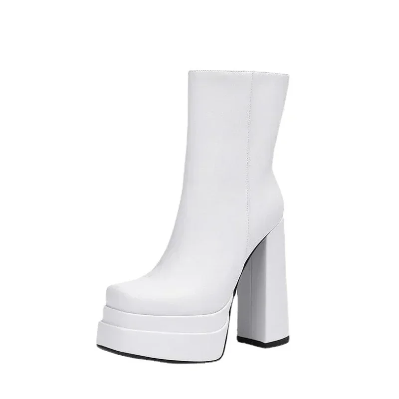 Winter Chunky High Heels Ankle Shoes for Women Punk Style Zipper Thick Platform Elasticity Microfiber Boots Botines Mujer 204
