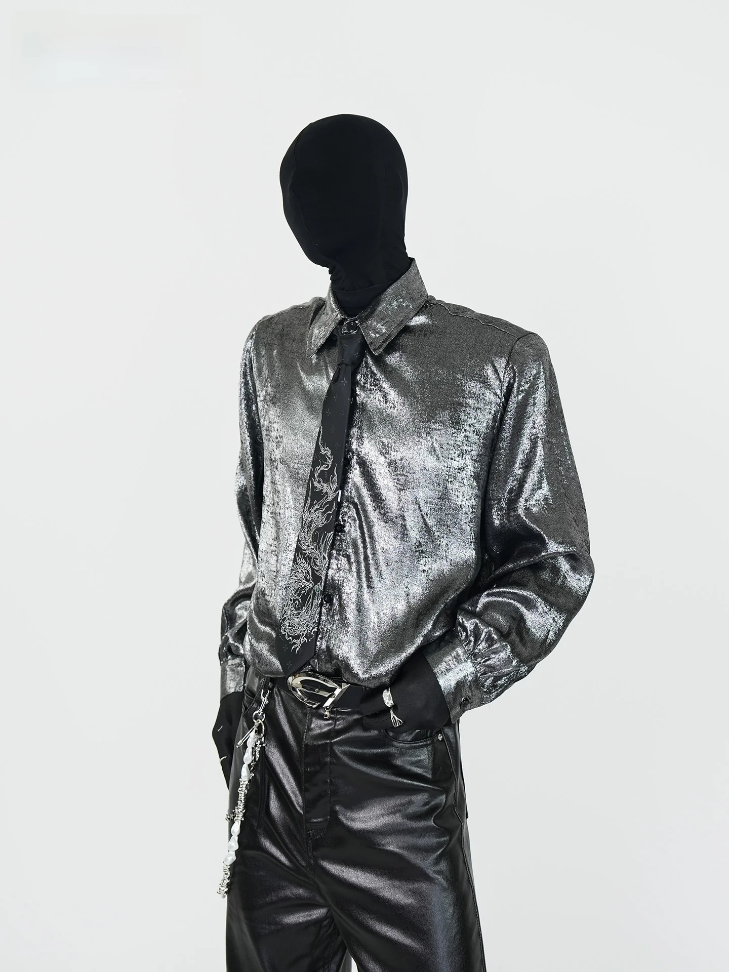 

Мужская рубашка VE2 Silver Tead с драконьим узором, длинным рукавом, ручной работы, для сценических выступлений, танцев в ночном клубе, из драпированного полиэфирного волокна