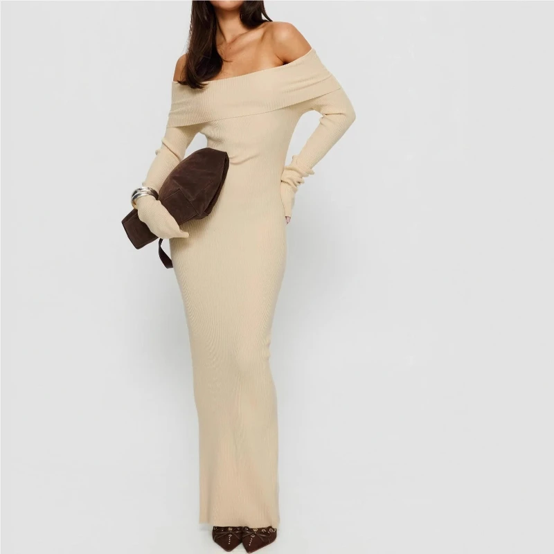 Spring and Autumn New Style Off-the-Shoulder Fashionable Casual Solid Color Slimming Elegant Long Sleeve Dress for Women