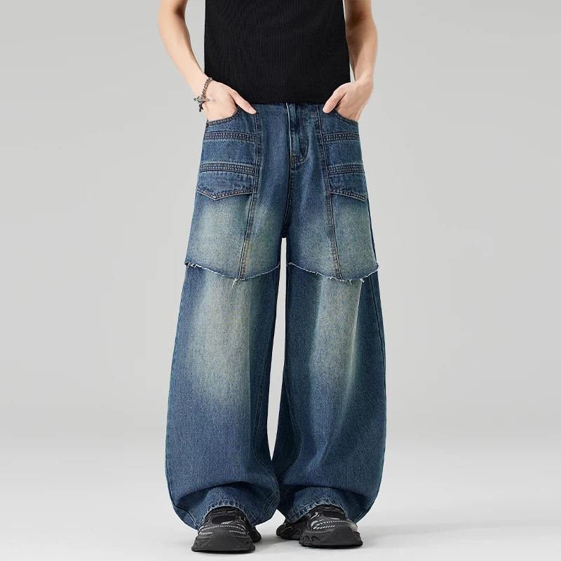 Men's Jeans American Fashion Fake TwoPiece Split Scythe Design Denim Long Pants Washed Blue Baggy Casual Trousers