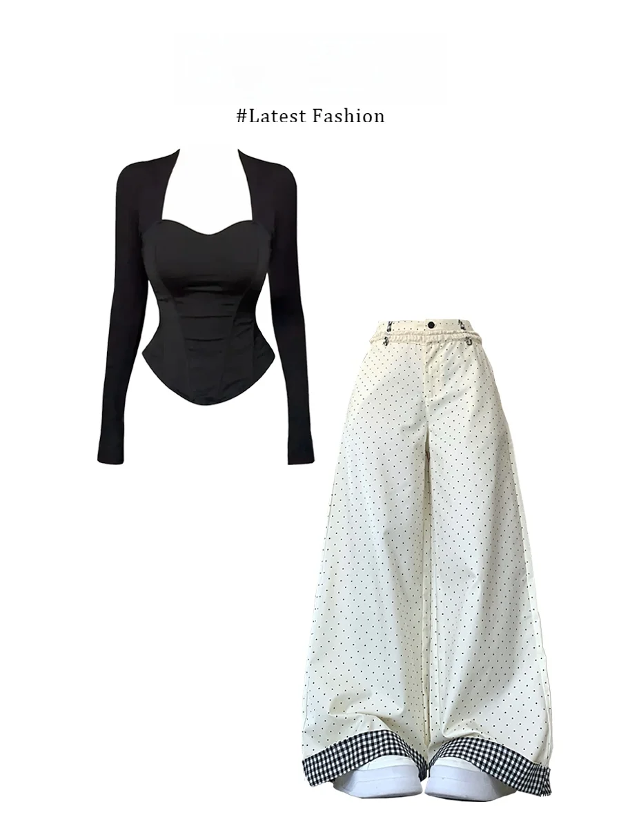 

Весенний модный комплект: клетчатый топ с эффектом утяжки талии и брюки, повседневный, удобный, с длинными рукавами, круглым вырезом, свободного кроя.