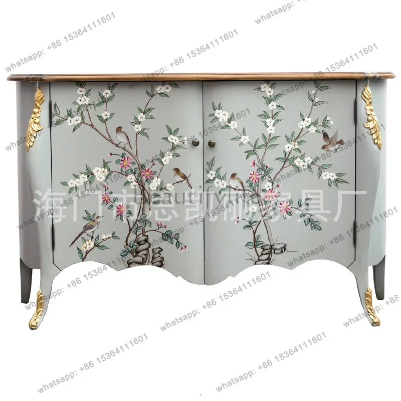 

yj5 American light luxury birch dining side cabinet living room classical hand-painted entrance cabinet gold foil engraving