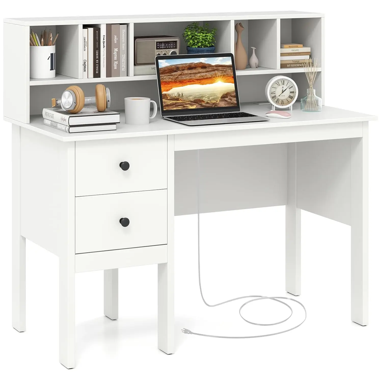White Desk With Drawers & Hutch Charging Station 5 Cubbies Vanity Study Writing PC Laptop Workstation Bedroom, Customized