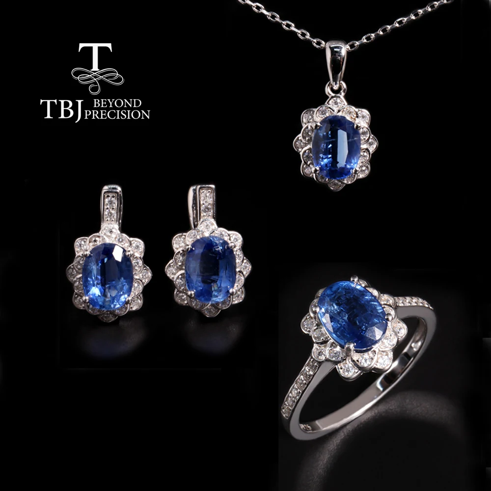 Luxury Deep beautiful blue natural Kyanite ring Earrings necklace set Elegant precious female wedding & banquet gifts 925 silver