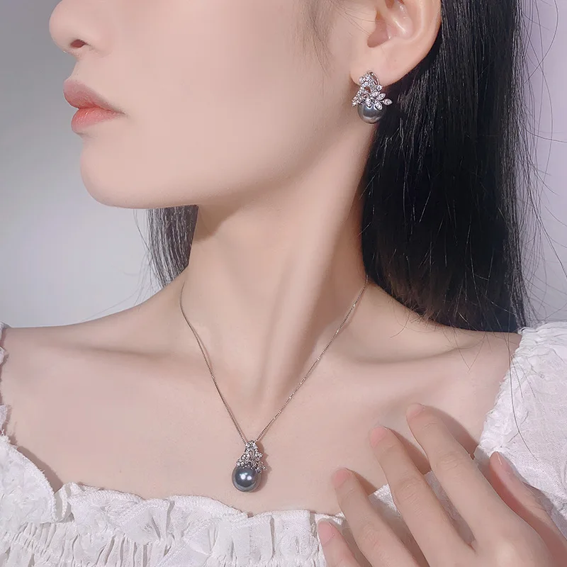 Elegant Grey Pearl Jewelry Leaf Design Necklace Earrings with Sparkling CZ Zircon Women's Fashion Accessories Party Daily Wear