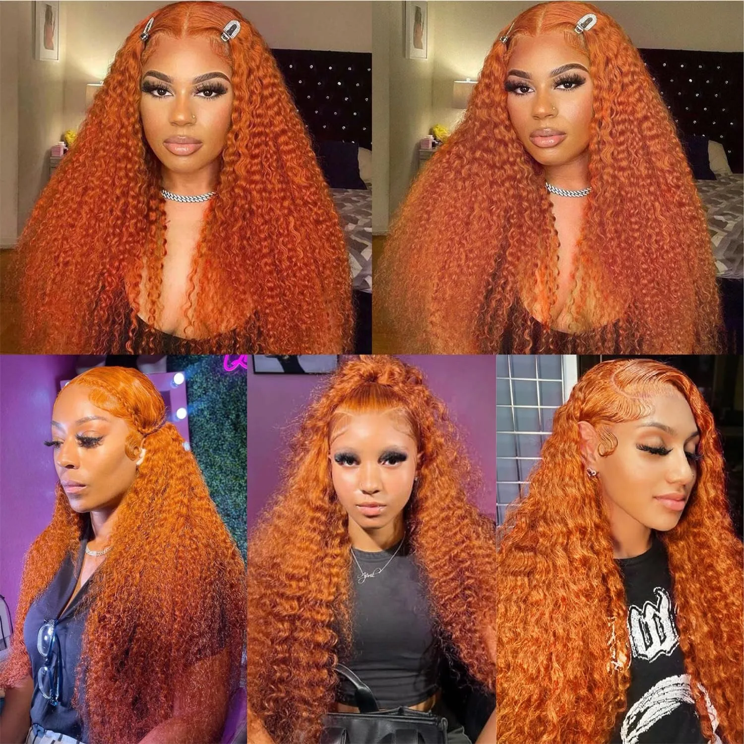 13x6 Orange Ginger Deep Wave HD Transparent Lace Front Wigs Human Hair for Women Water Curly Lace Frontal Colored Wig 350#Ginger