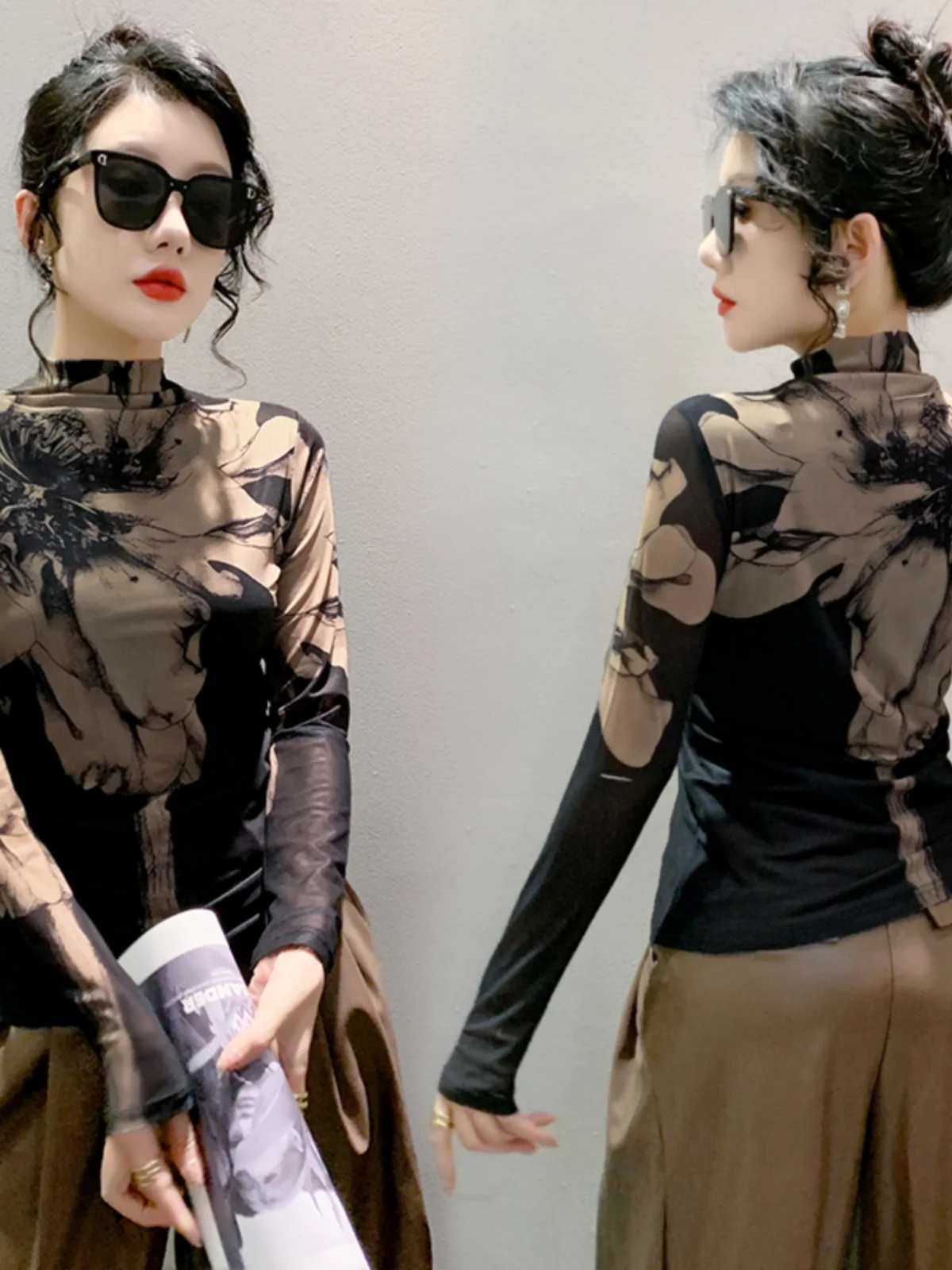 Retro High Neck Lange Mouw T-shirt Dames Binnenmode Slankmakend Top Me Insert Street Style Herfst Nieuwe Aankomst T-shirt