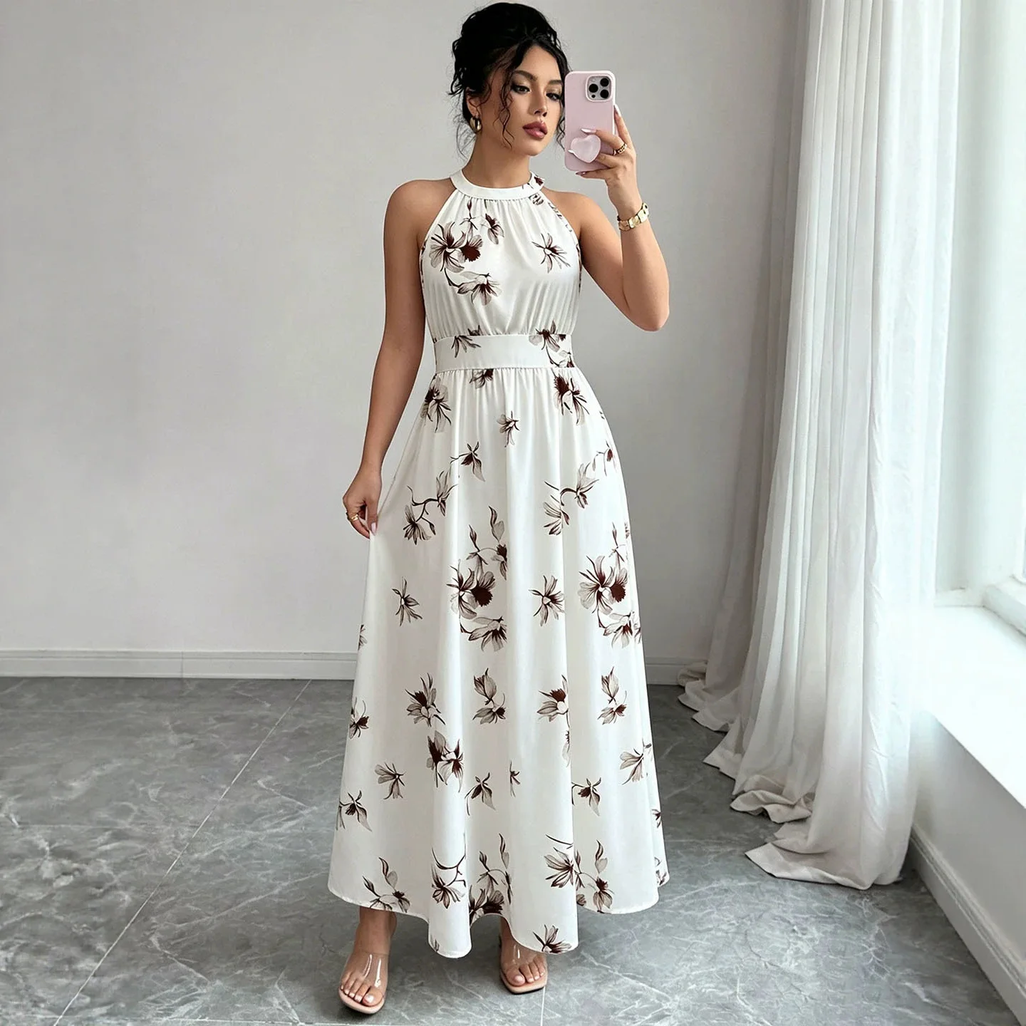 2026 Summer New Halter Neck Printed Dress Sleeveless Waist-cinching Flared Vacation Long Dress Women's Casual Dresses Bandage