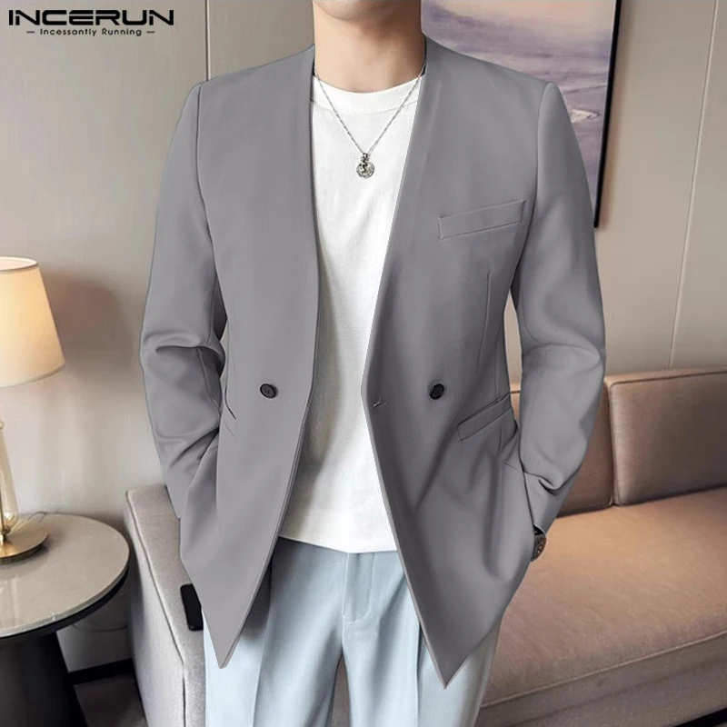 Men Sexy Solid Color Tops INCERUN Casual Long Sleeve Blazer 2024 Korean Fashion V-neck Coats S-5XL Bottun Pocket Elegant Suits