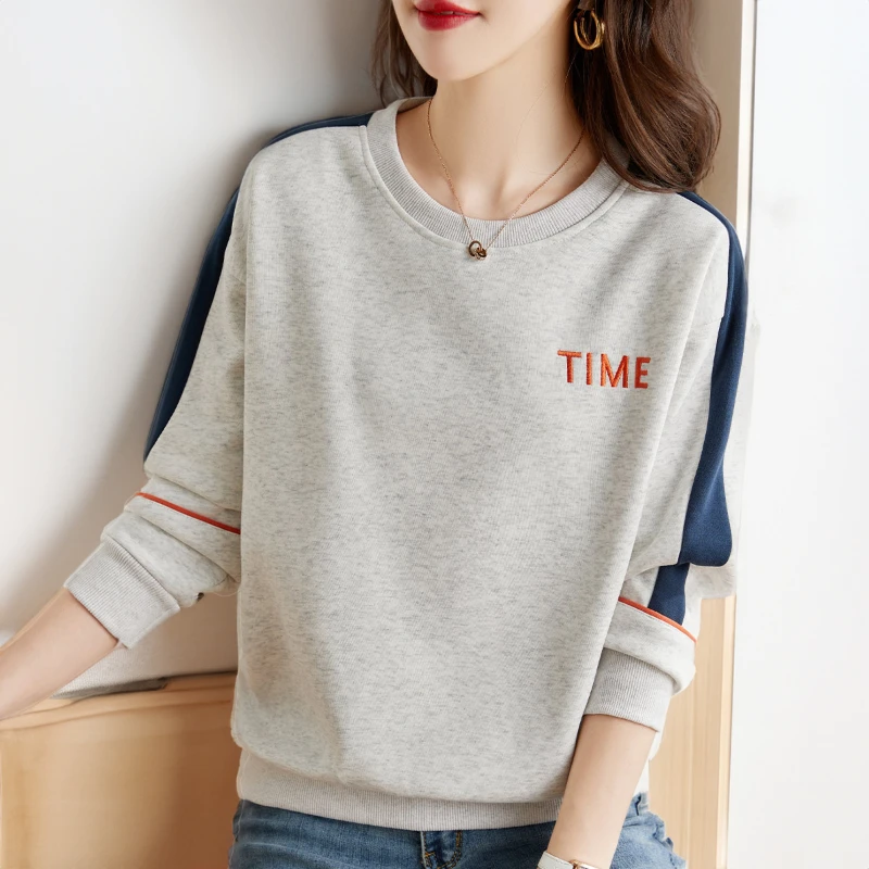 

Korean Fashion Spring Autumn Women's O-Neck Letter Embroid Contrast Color Patchwork Casual Loose Long Sleeve Sweatshirts Tops