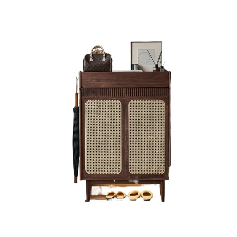 

Solid wood shoe cabinet, rattan black walnut at the door of the home, simple modern large-capacity shoe rack outside the door