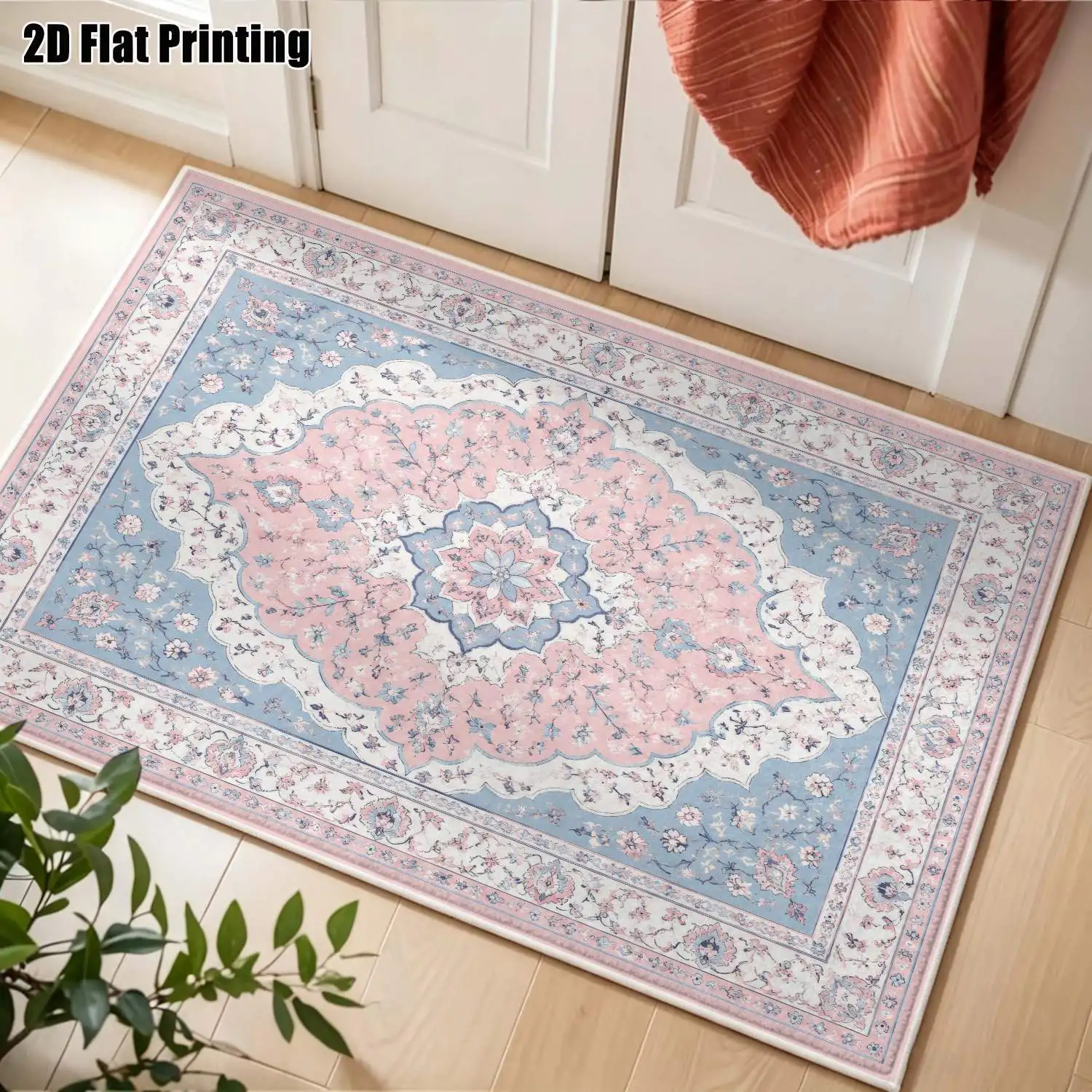 1Pc 2D Pink Flower & Blue-White Geometric Velvet Carpet, European/Bohemian/Vintage Style, Machine Washable, Multi-Size for Home Decor, Multi-Scene Use