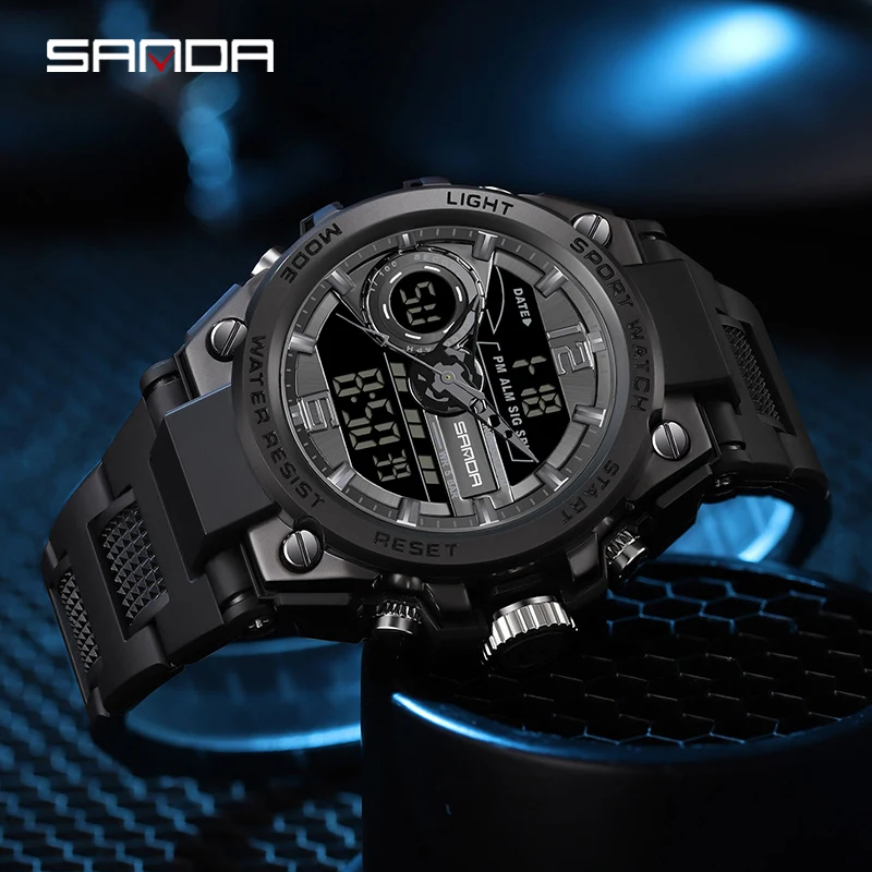 SANDA Top Brand Luxury Multi Function Sports Watch Men Watch Dual Display LED Digital Watch Timer Alarm Clock Relogio Masculino