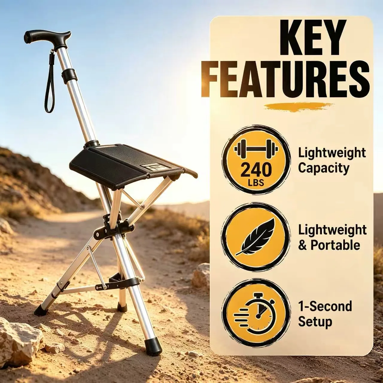 Folding Cane Seat Aluminum Stool 240 LBS Lightweight Portable One-Second Setup Outdoor Hiking Camping Chair for Seniors Hikers