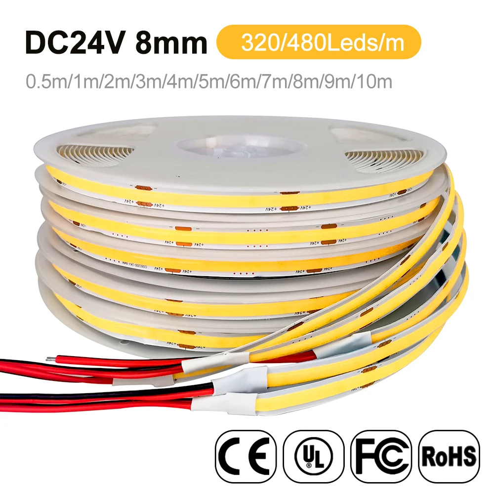 DC12V/24V COB LED Strip Light 320 480LEDs/M High Density Flexible Linear Dimmable 8mm Tape RA90 Warm Nature Cool White 10m/Roll