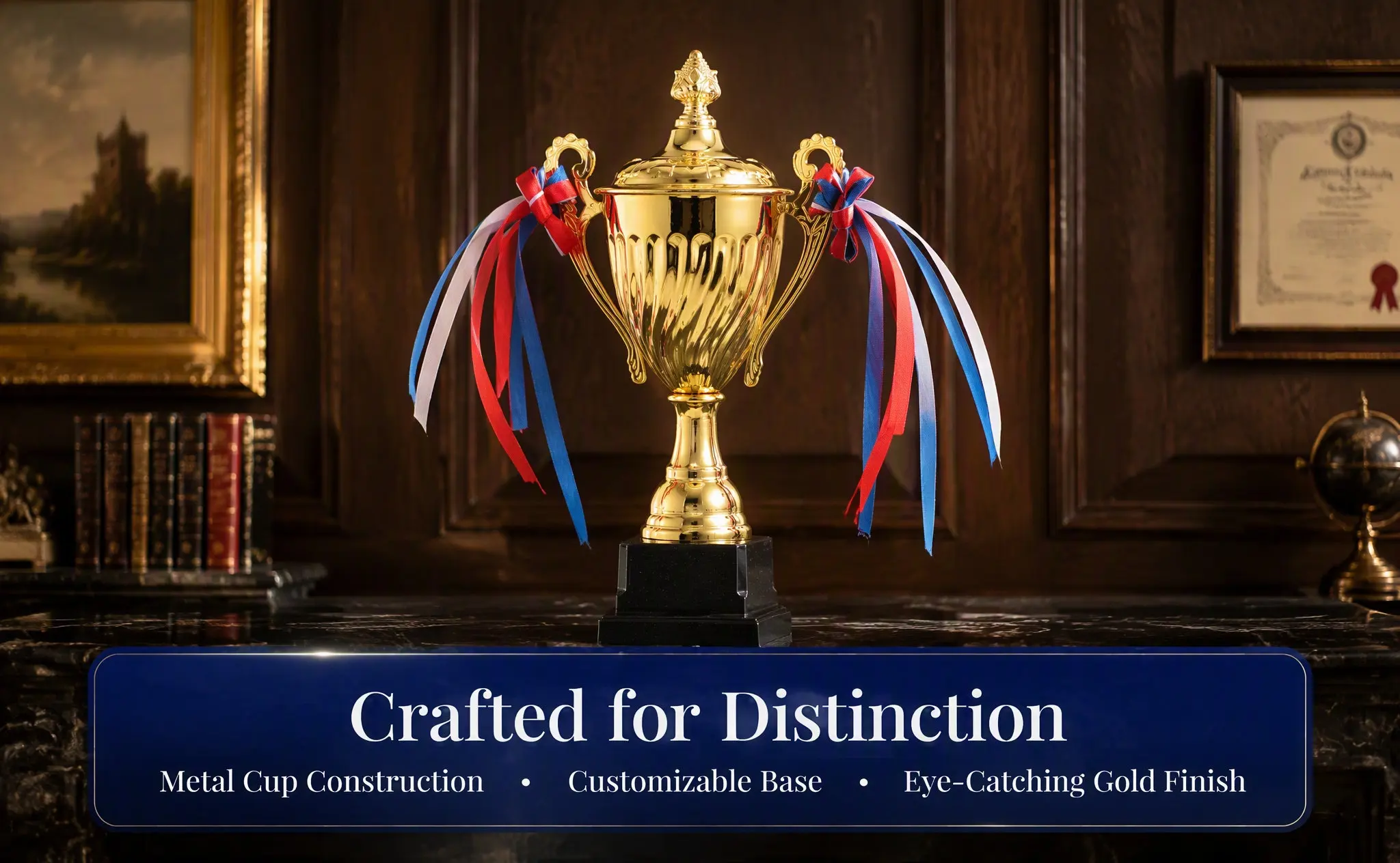1Pcs Metal Trophy Black Base Golden Cup Design Award for Sports Competition School Tournament Track Field Day Spelling Bee Event