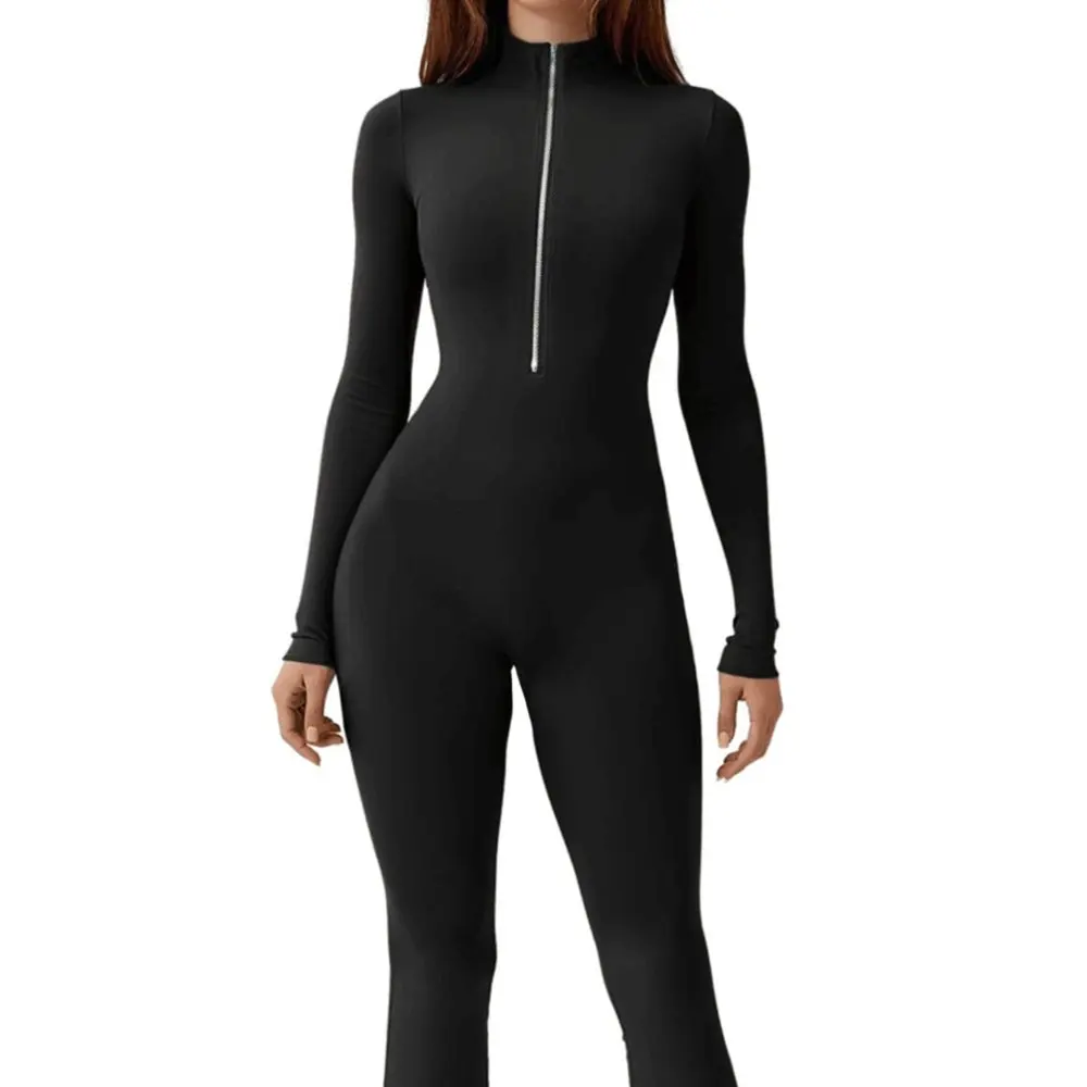 

Женские осенние комбинезоны, модные однотонные расклешенные брюки с длинными рукавами и круглым вырезом, повседневный стиль для