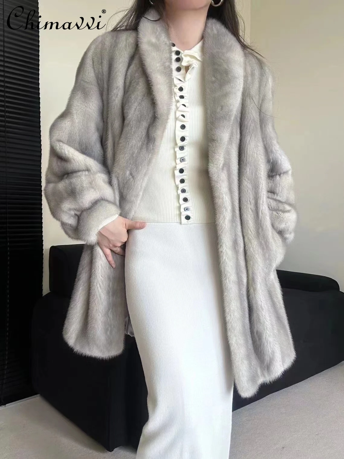 

Fashion Mink Fur Integrated Mid-length Thickened Fur Coat Women's Winter New Loose Warm Long Sleeve Elegant Female Fur Mink Coat