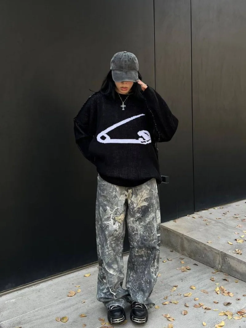 

Новый модный свитер большого размера в стиле Харадзюку в стиле хип-хоп, мужской повседневный ретро Y2K, американский готический череп, рок, уличная одежда, винтажный свободный топ для женщин