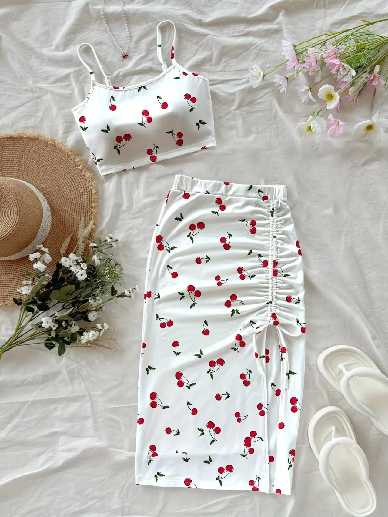 

Women's White Cherry Matching Set, Sleeveless Cami and Ruched Slit Skirt