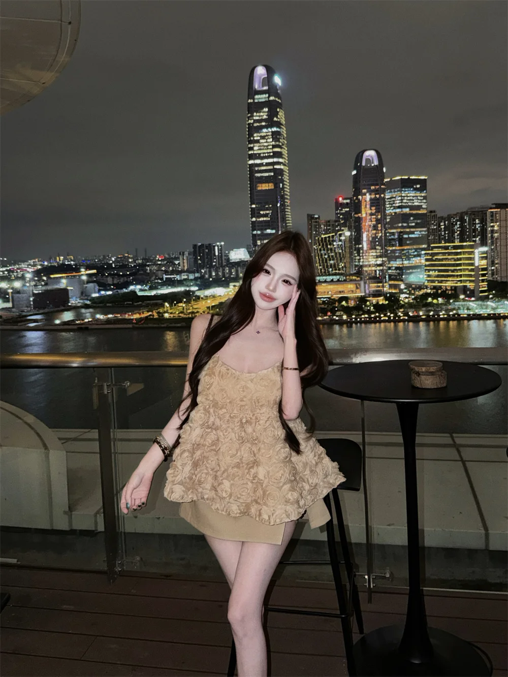 

Summer Rose Flower 3D Print Strap Vest Women's Gentle Miss Set Khaki Color Wrap Short Skirt Two-Piece Set Fashionable Commute...