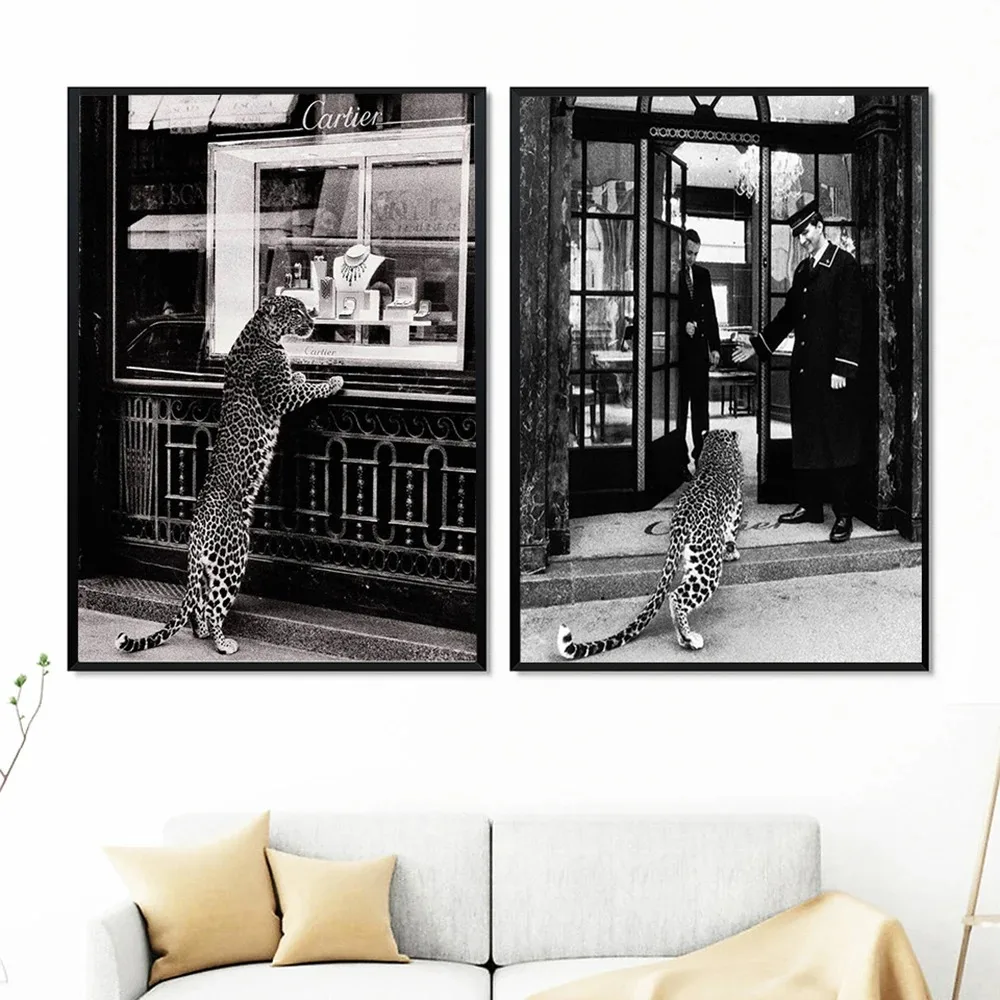 Luxury Brand Leopard Jewelry Shop Poster Canvas Painting Wall Art Vintage Black and White Photography Picture Modern Living Room