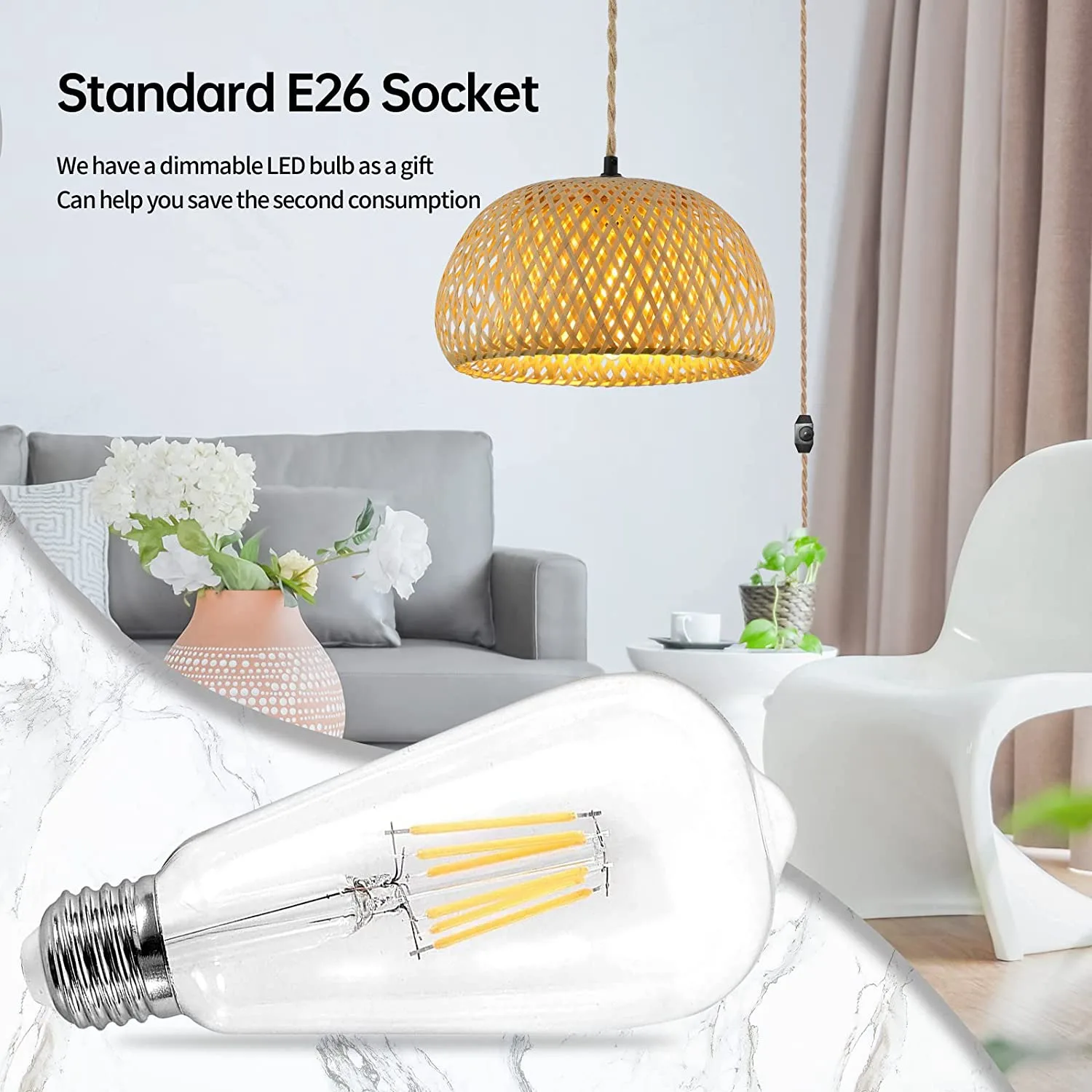 AT14 Plug In Pendant Light Hanging Lamp With Switch Jute Rope Cord Bamboo Lampshade Wicker Rattan Hanging Lights US Plug
