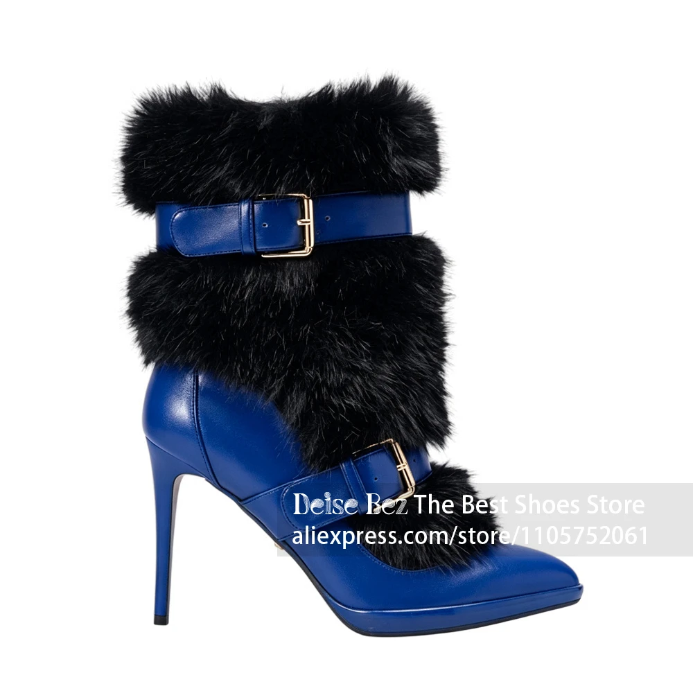 Black Faux Fur Double Buckle Booties Fluffy Fur Pointed Toe Stiletto Ankle Boots Layered Fur Stiletto Heel Winter Warm Booties