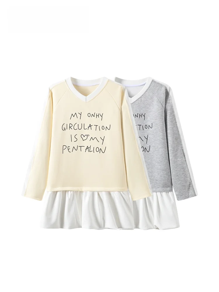 

Loose V-Ne Long Sve Knitted Sweater Women's plus Size Autumn Winter New Sle Patchwork Fake Two-Piece Top Cotton Material