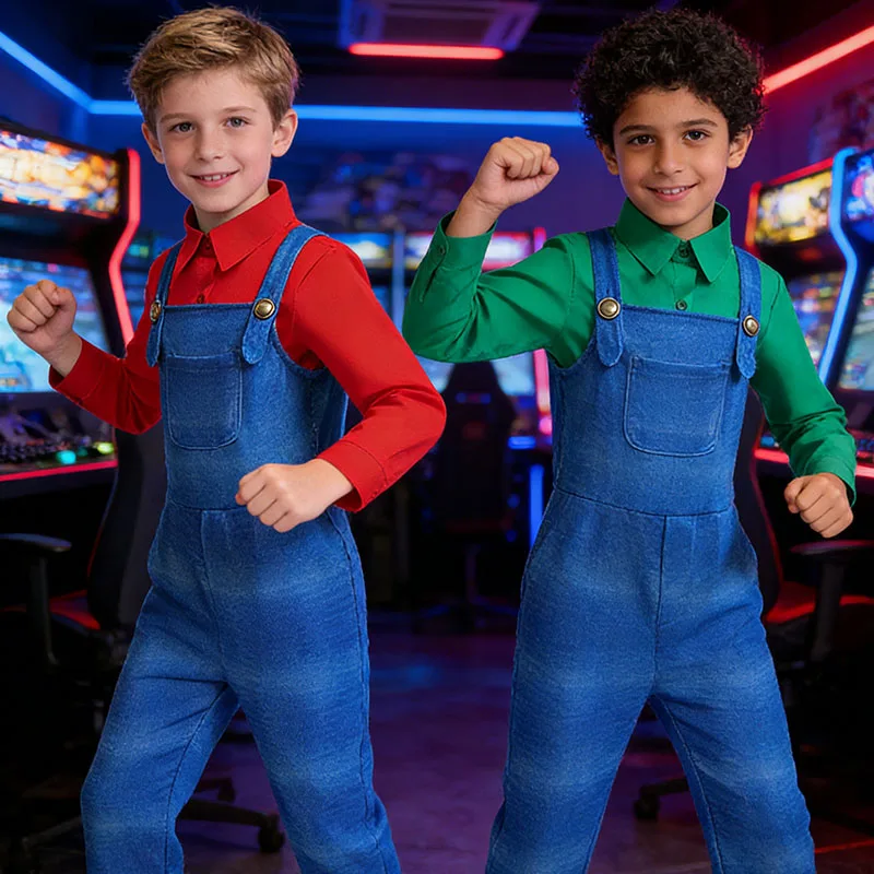

2026 Anime Game Costume Super Bros Brother Jumpsuit Twins' Clothing Kid Costume With Hat And Mustache Festival Cosplay Dress Up