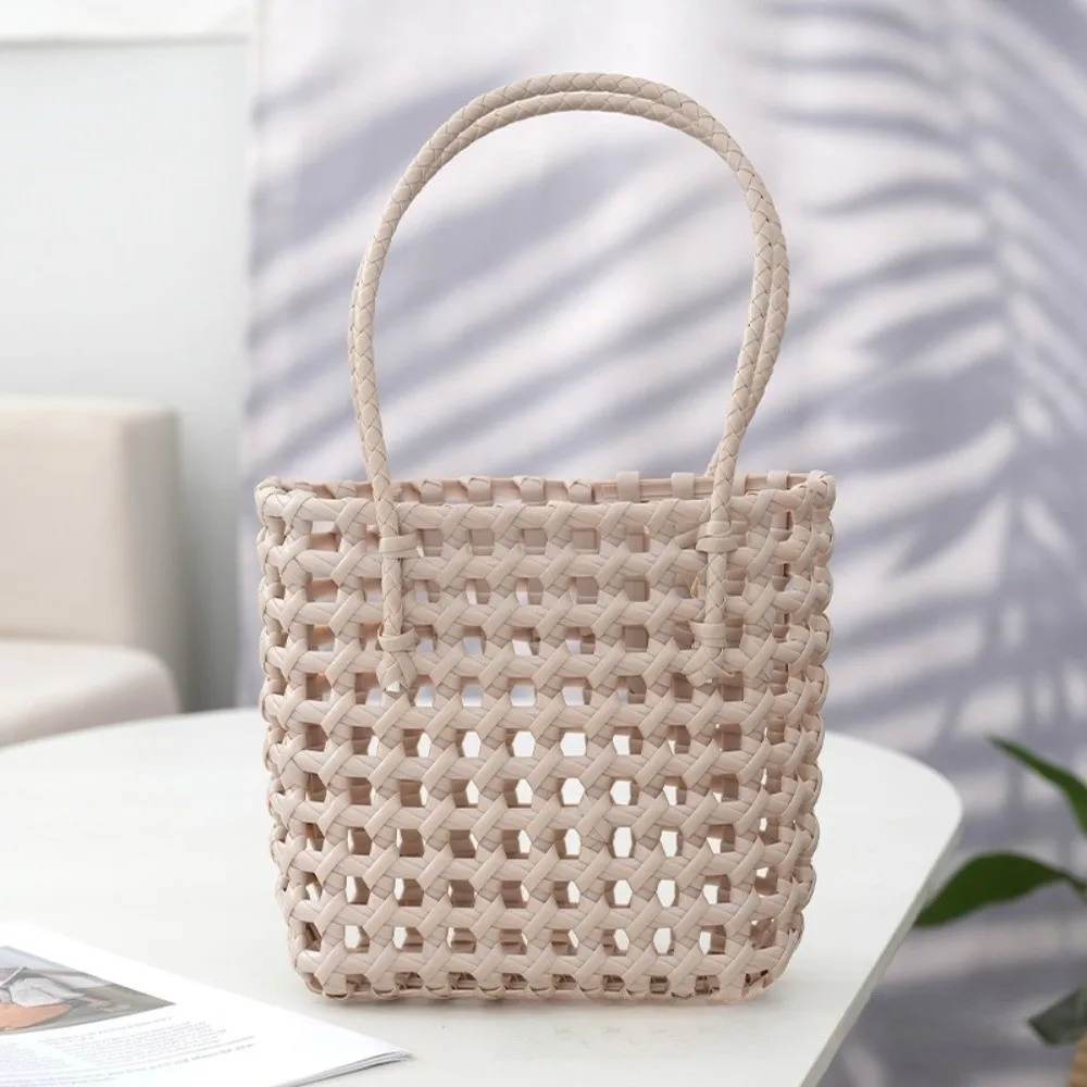

New Plastic Material Hollow Weave Bag Soft Handle Large Capacity Basket Bag Candy Color Lightweight Beach Tote Bag Casual Use