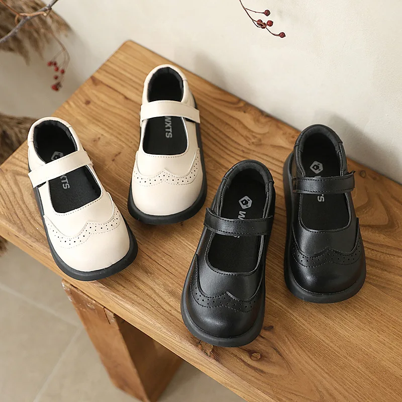Children's Classic Leather Shoes Black Beige Simple Girls School Uniform Shoes Formal Performance Non-slip Kids Mary Jane Shoes