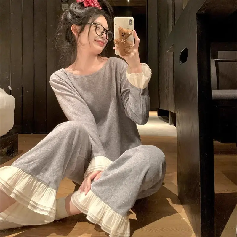 

Women's Autumn Winter New Style Thickened Warm Korean Version of Cute Ruffled Round Neck Home Clothing Two-piece Set Clothes Pjs