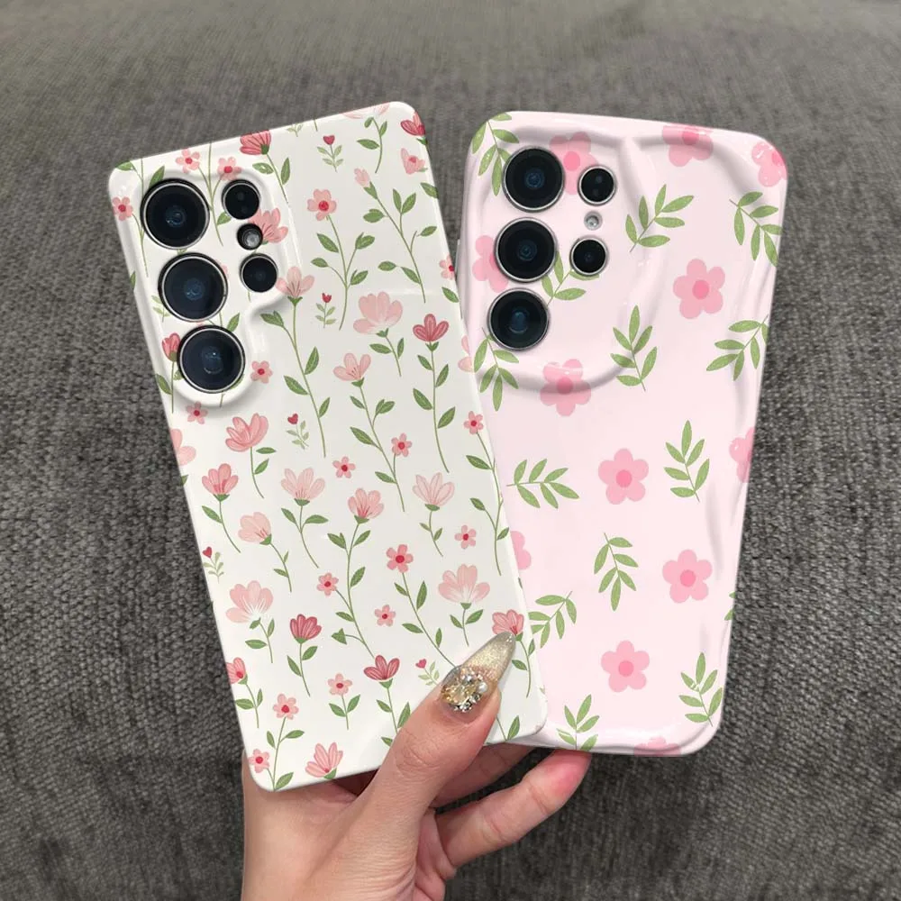 Cartoon Pink Flower Leaf Cover For Samsung Galaxy S26 S25 S24 S23 S22 FE Plus Ultra Feilin Phone Case Wave Oil Phone Case