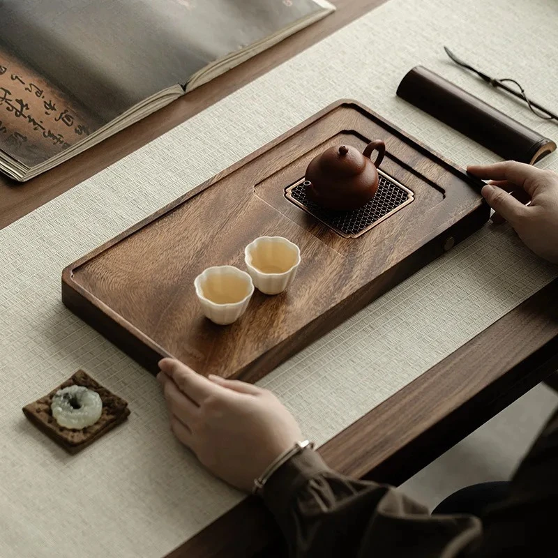 

Walnut Wood Tray Rectangle Serving Tray Chaban Chinese Kung Fu Table Tea Tools Coffeeware Board Drainage Water Storage Tea Tray