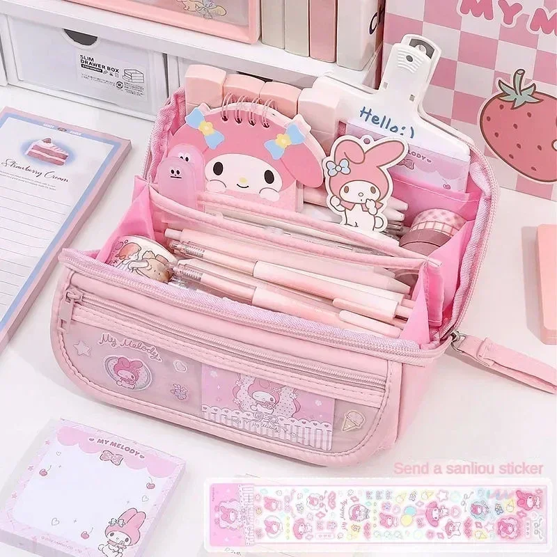 Cartoon Sanrio Character Kuromi My Melody Cinnamoroll Large Capacity Pencil Case Stationery for Junior High School Primary